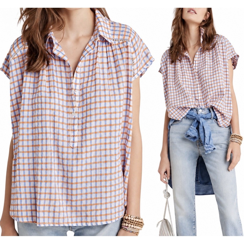 Anthropologie Pilcro Serena Surf Blouse M Orange Blue Plaid Linen Cotton Top
